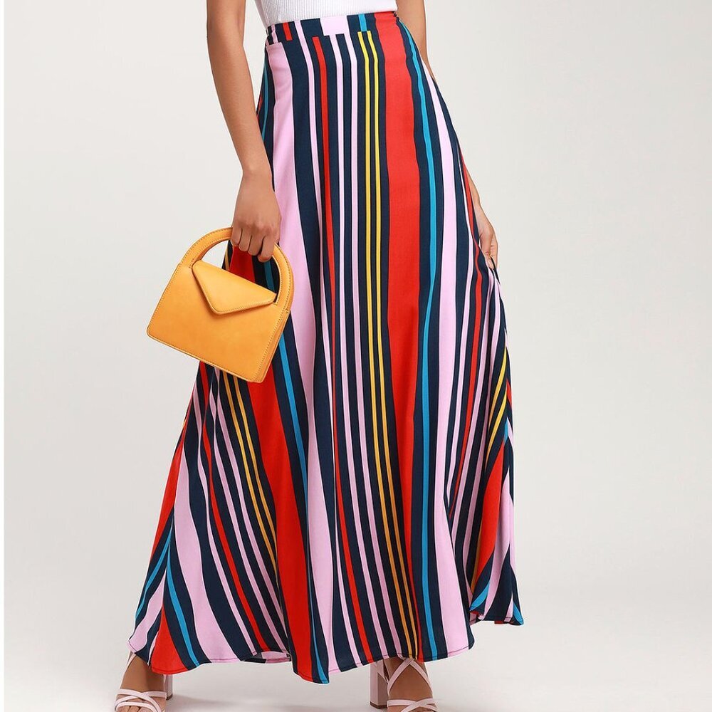 Lulus Van Nuys Navy Blue Multi Striped Maxi Skirt women's size small